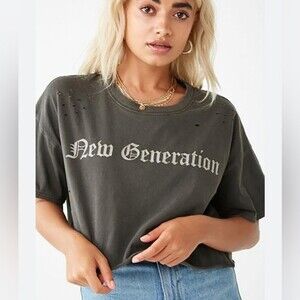 Forever 21 New generation gray army green undertone cropped distressed shirt.